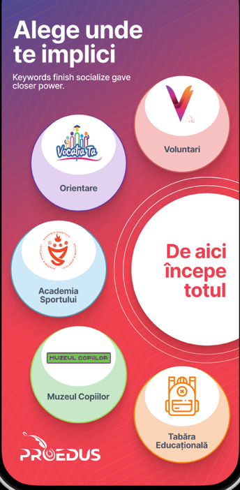 Ecranul de start al aplicației PROEDUS, cu secțiunea Voluntari